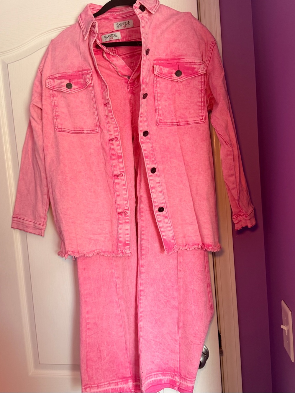 Women's Pink Denim Jacket by Swank A Posh Distressed Hem Shirt Jacket